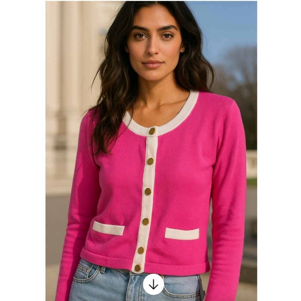 Y2K Knit Preppy Pink White Gold Button Long Sleeve Barbie Sweater Cardigan L - Picture 1 of 14